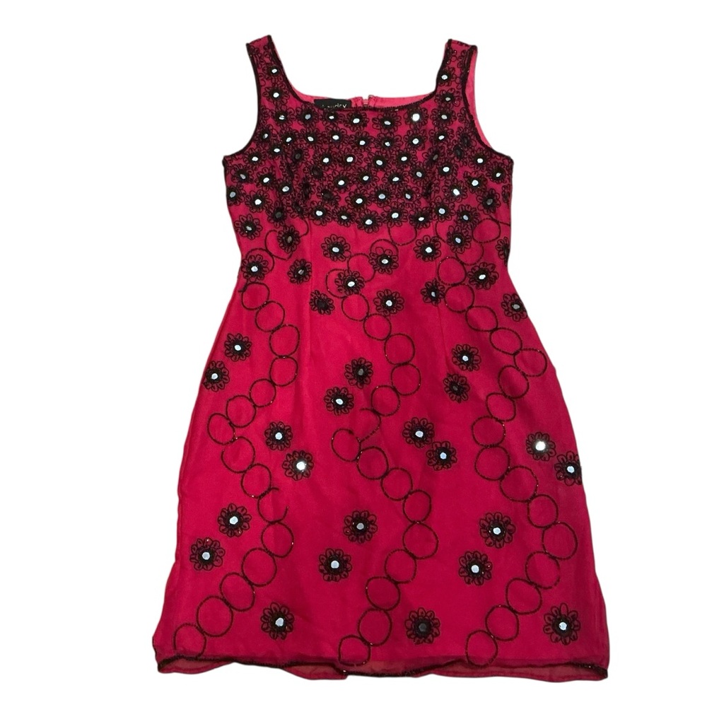 Chaundry women’s silk midi dress raspberry beaded round neck sleeveless sz S